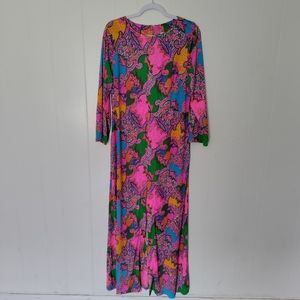 Vintage 70s psychedelic long sleeve maxi dress 60s plus size Hippie Festival